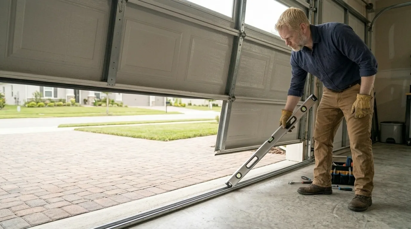 Garage door technician repairing a residential garage door in Katy Texas
